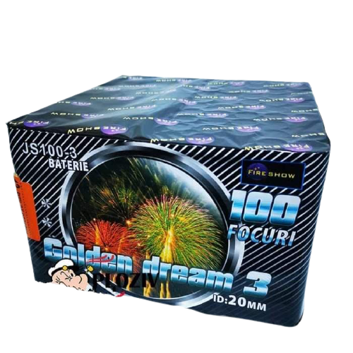 Baterie de artificii 100 focuri cal. 20mm GOLDEN DREAM 3 INALTA 1:30 min